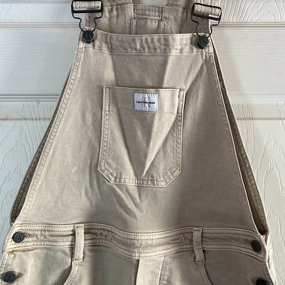 Y2K Calvin Klein Overall Shorts Women's Size XS Khaki Shortalls Carpenter - Picture 2 of 7